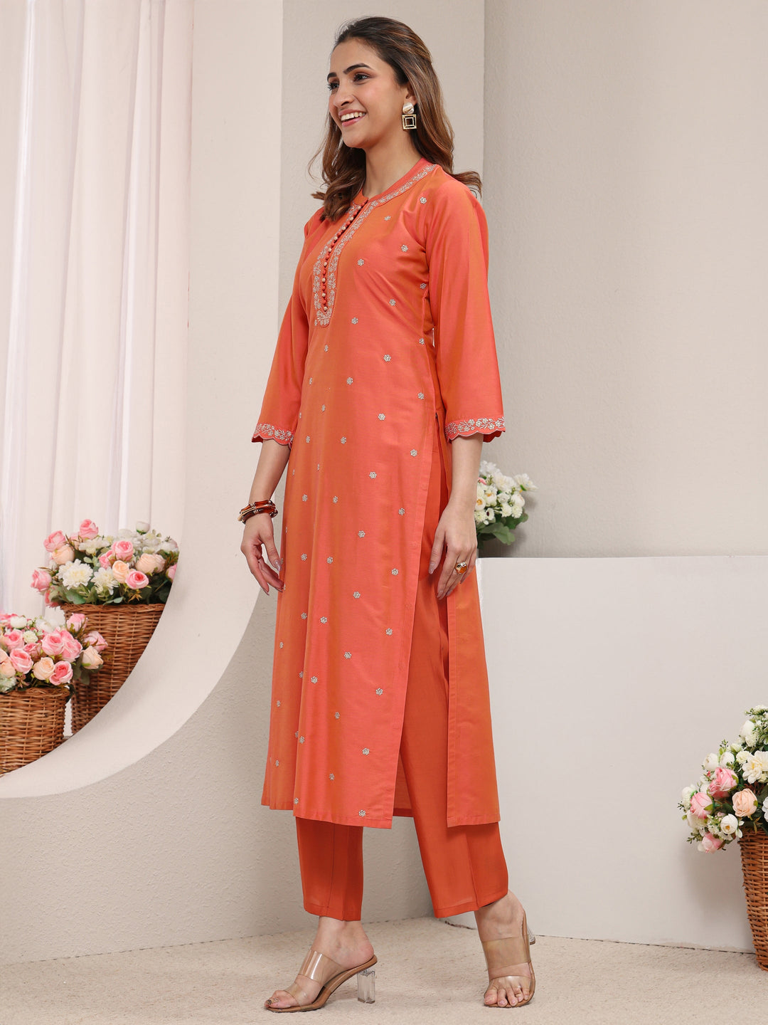  Orange Embellished Silk Blend Straight Kurta 