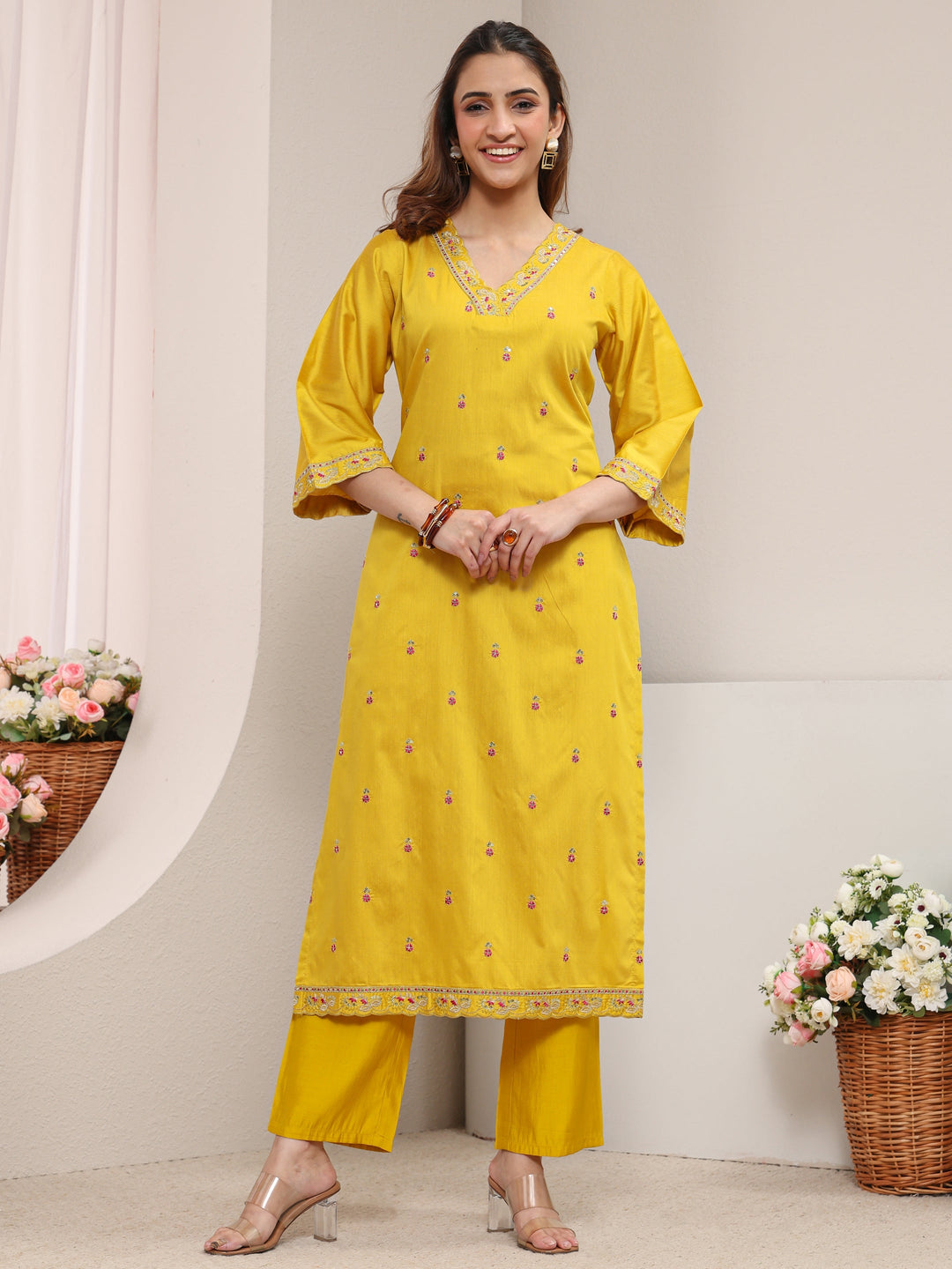  Yellow Embroidered Silk Blend Straight Kurta 