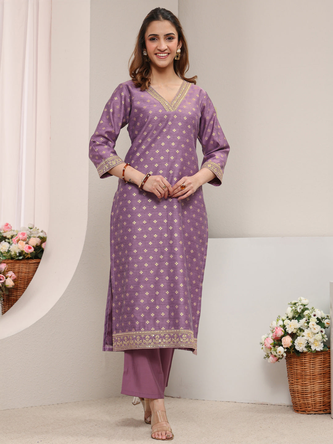  Mauve Ethnic Printed Chanderi Silk Straight Kurta 