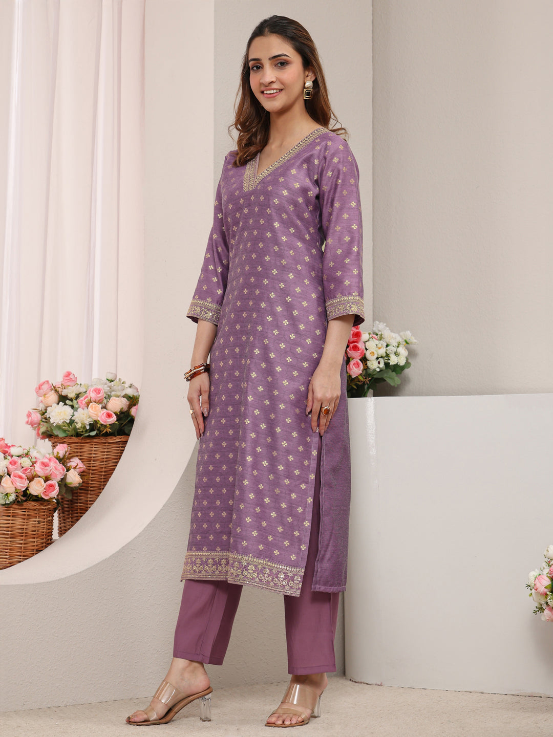  Mauve Ethnic Printed Chanderi Silk Straight Kurta 