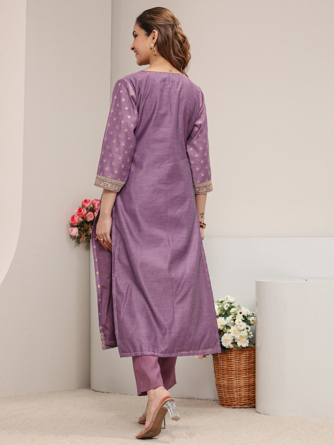  Mauve Ethnic Printed Chanderi Silk Straight Kurta 