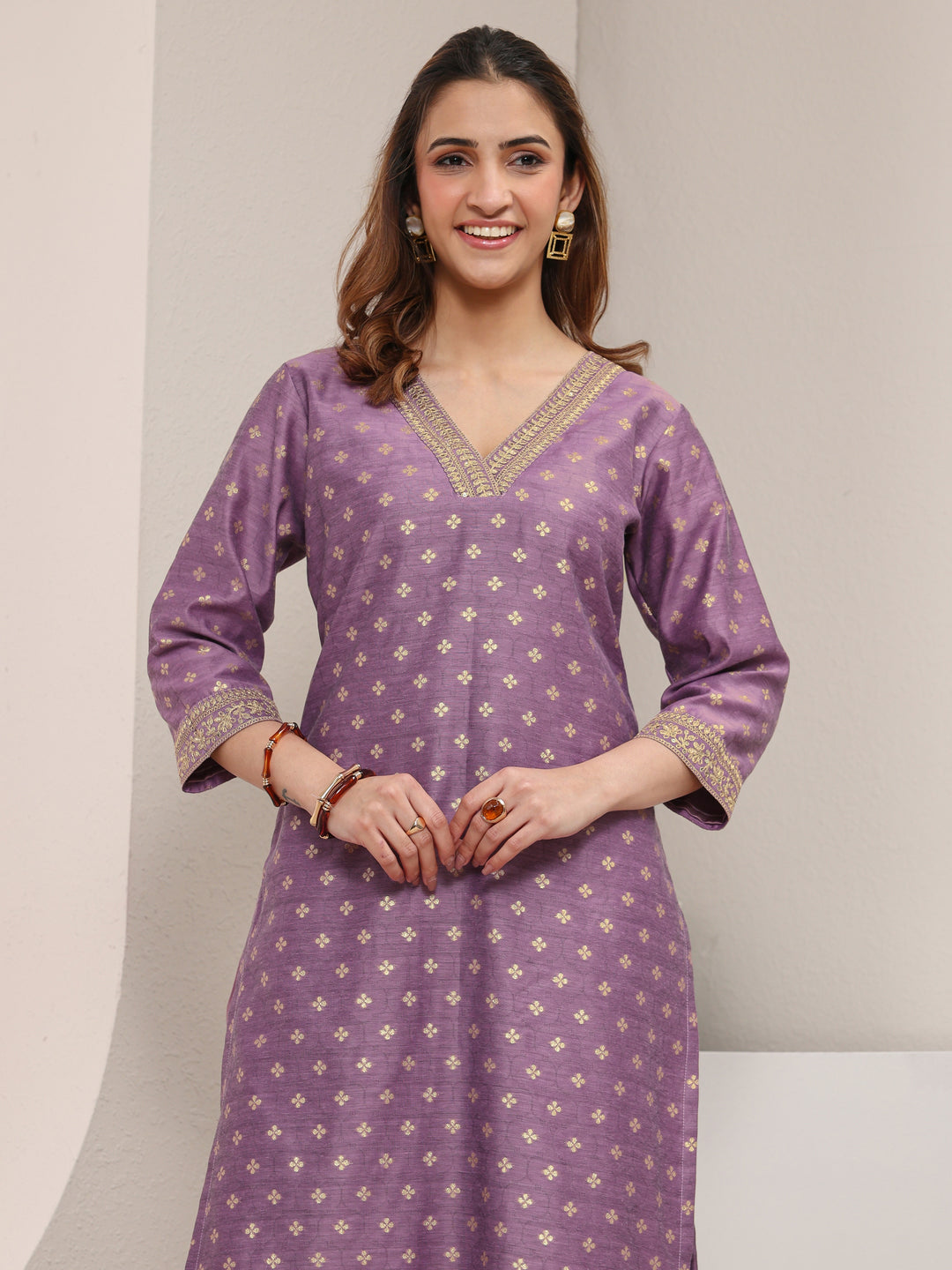  Mauve Ethnic Printed Chanderi Silk Straight Kurta 