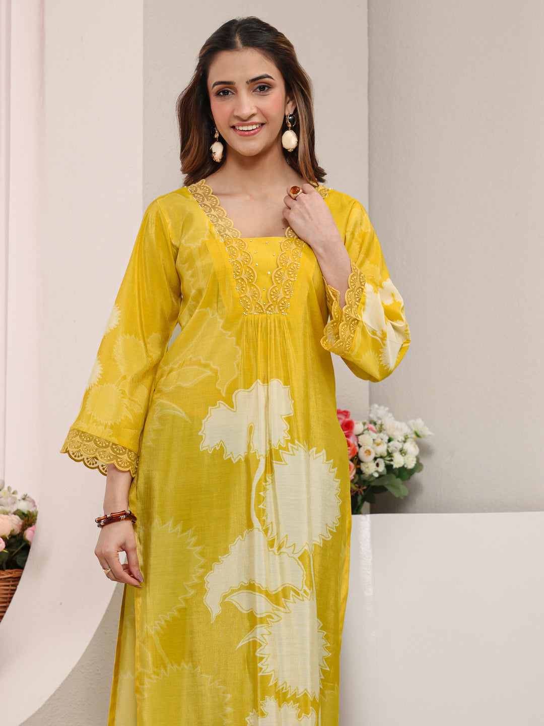  Yellow Floral Printed Silk Blend Straight Kurta 