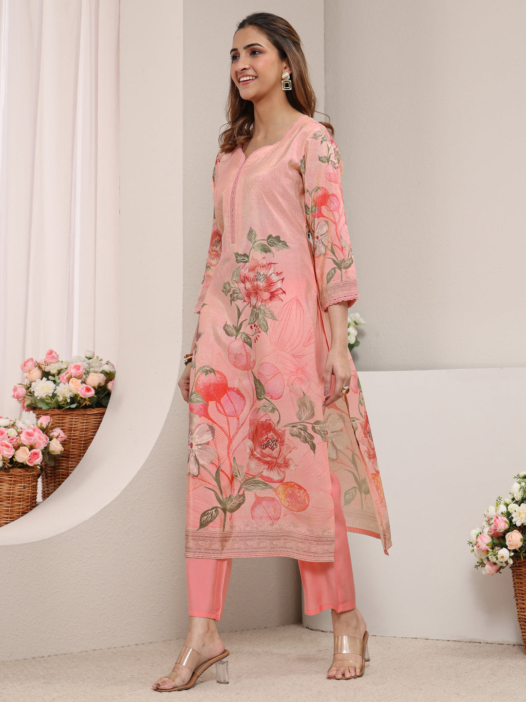  Pink Floral Printed Silk Blend Straight Kurta 