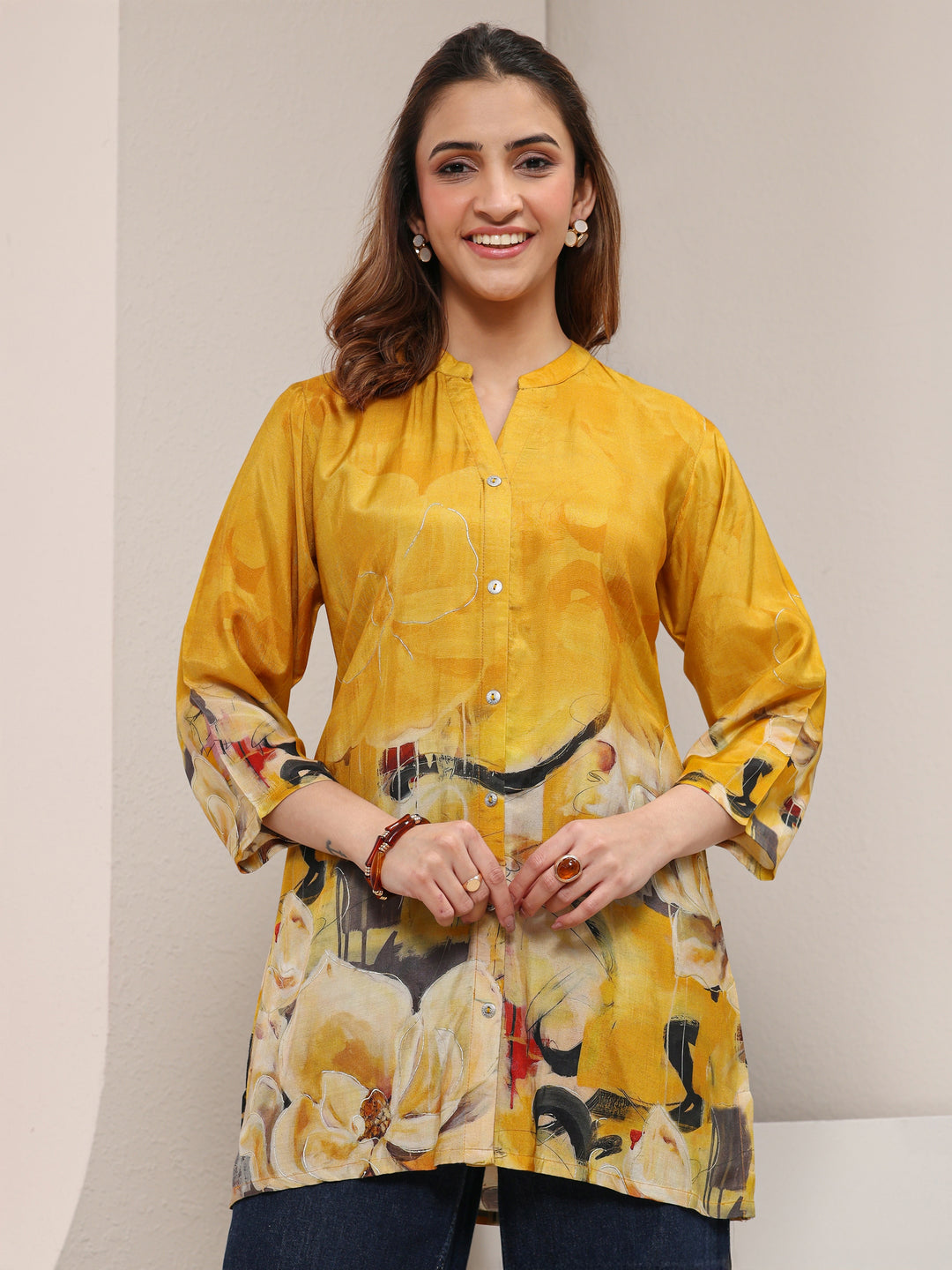  Mustard Abstract Printed Muslin Shirt 