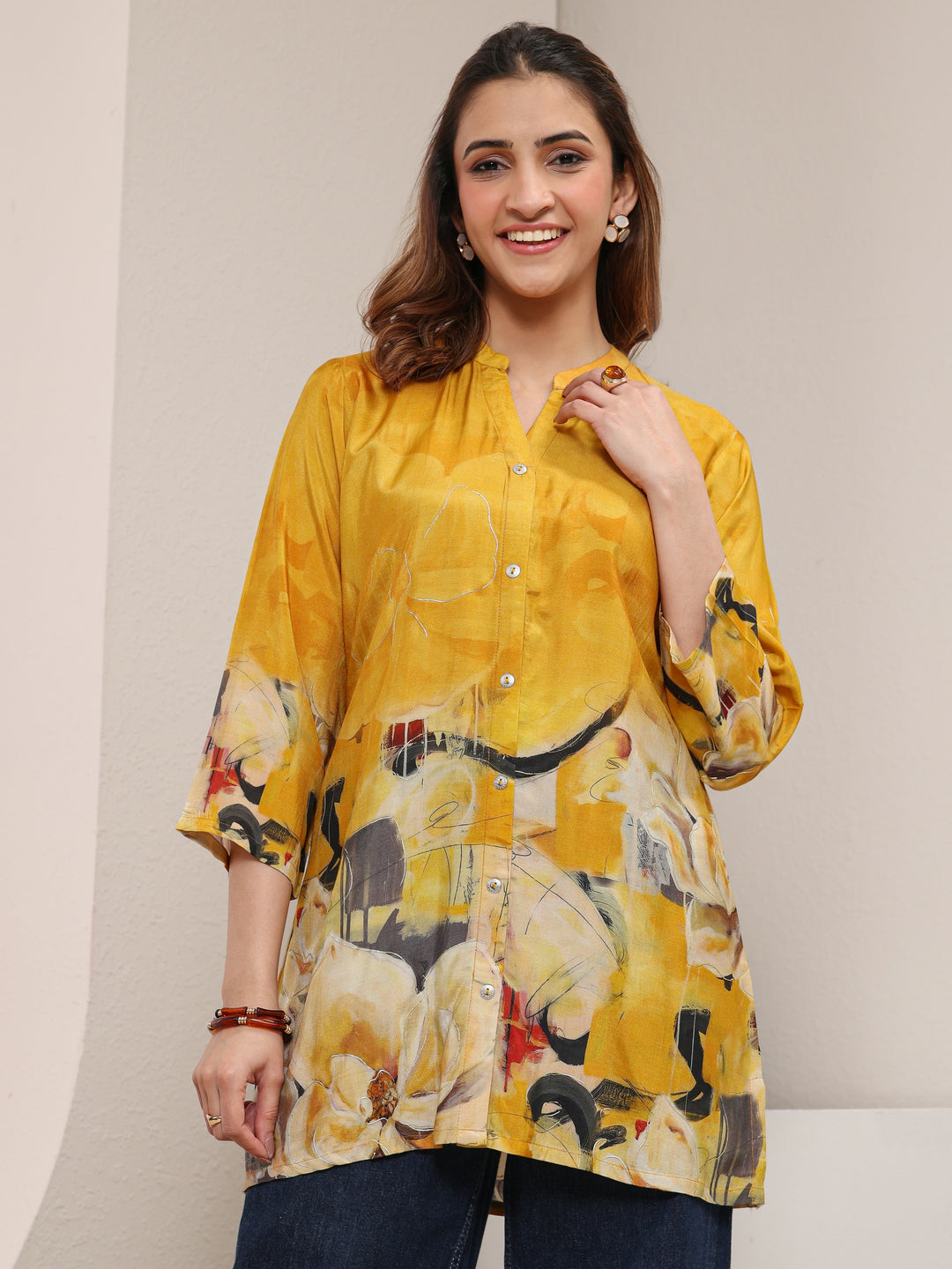  Mustard Abstract Printed Muslin Shirt 