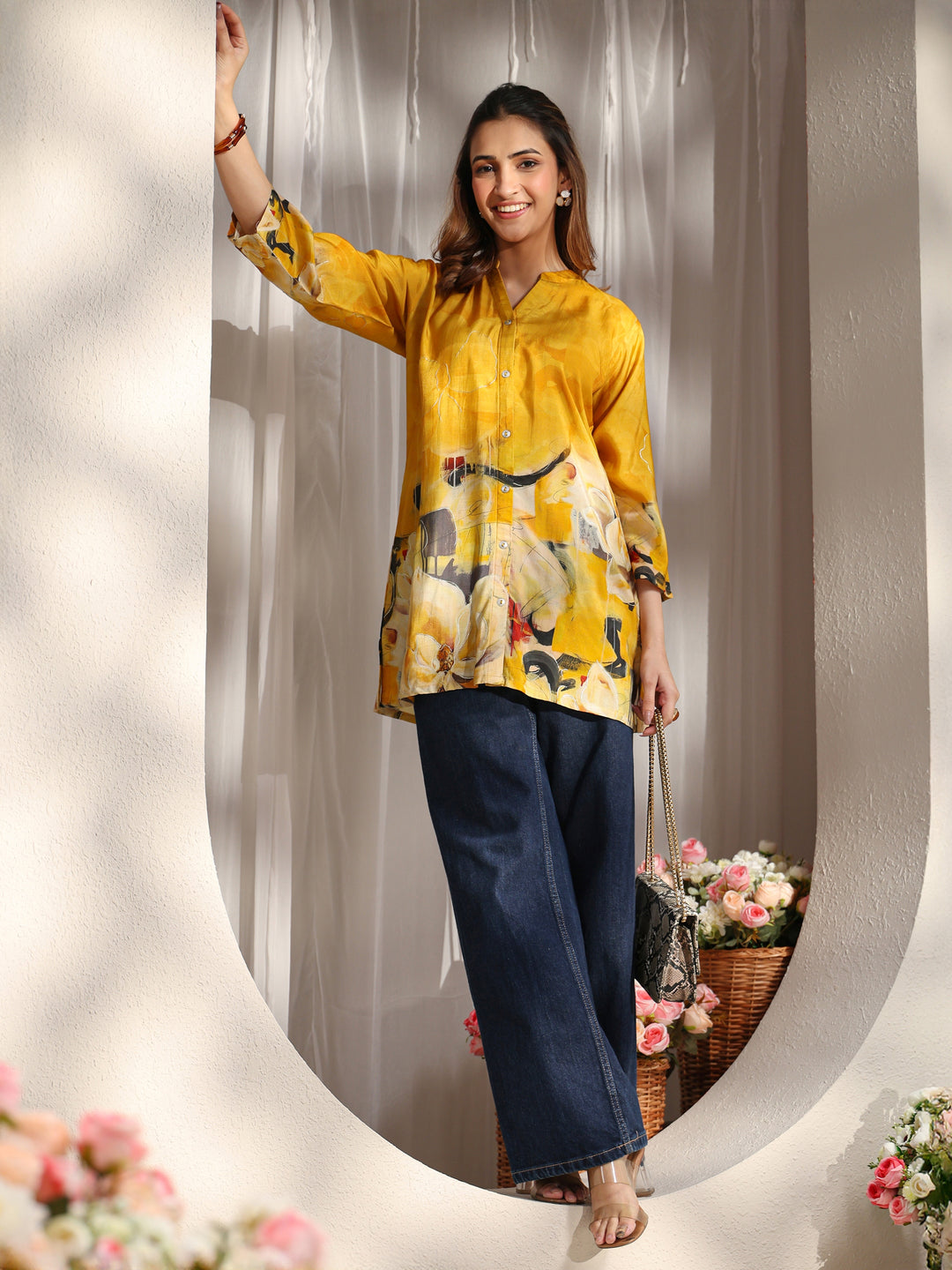  Mustard Abstract Printed Muslin Shirt 