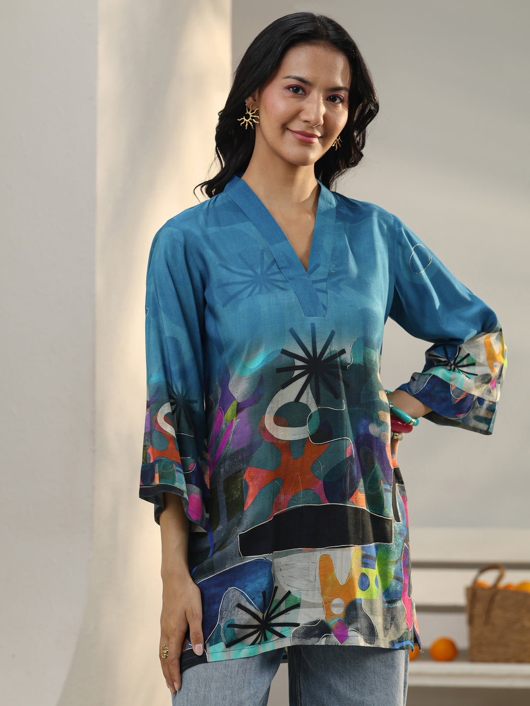  Blue Abstract Printed Muslin Straight Short Kurti 