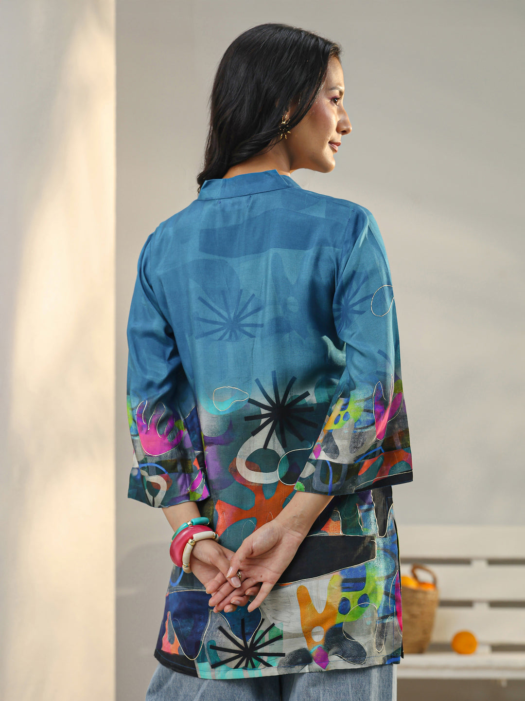  Blue Abstract Printed Muslin Straight Short Kurti 