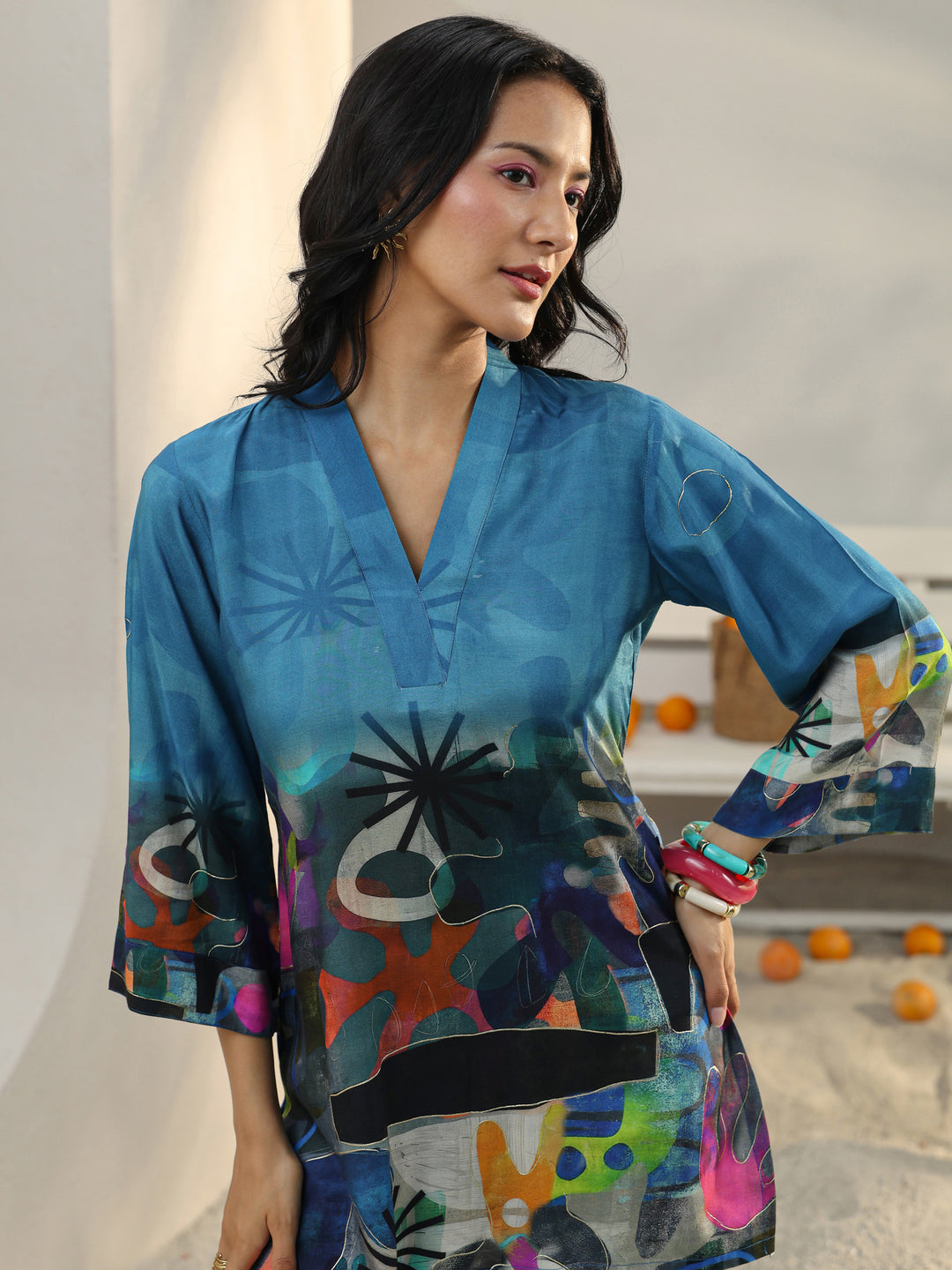  Blue Abstract Printed Muslin Straight Short Kurti 