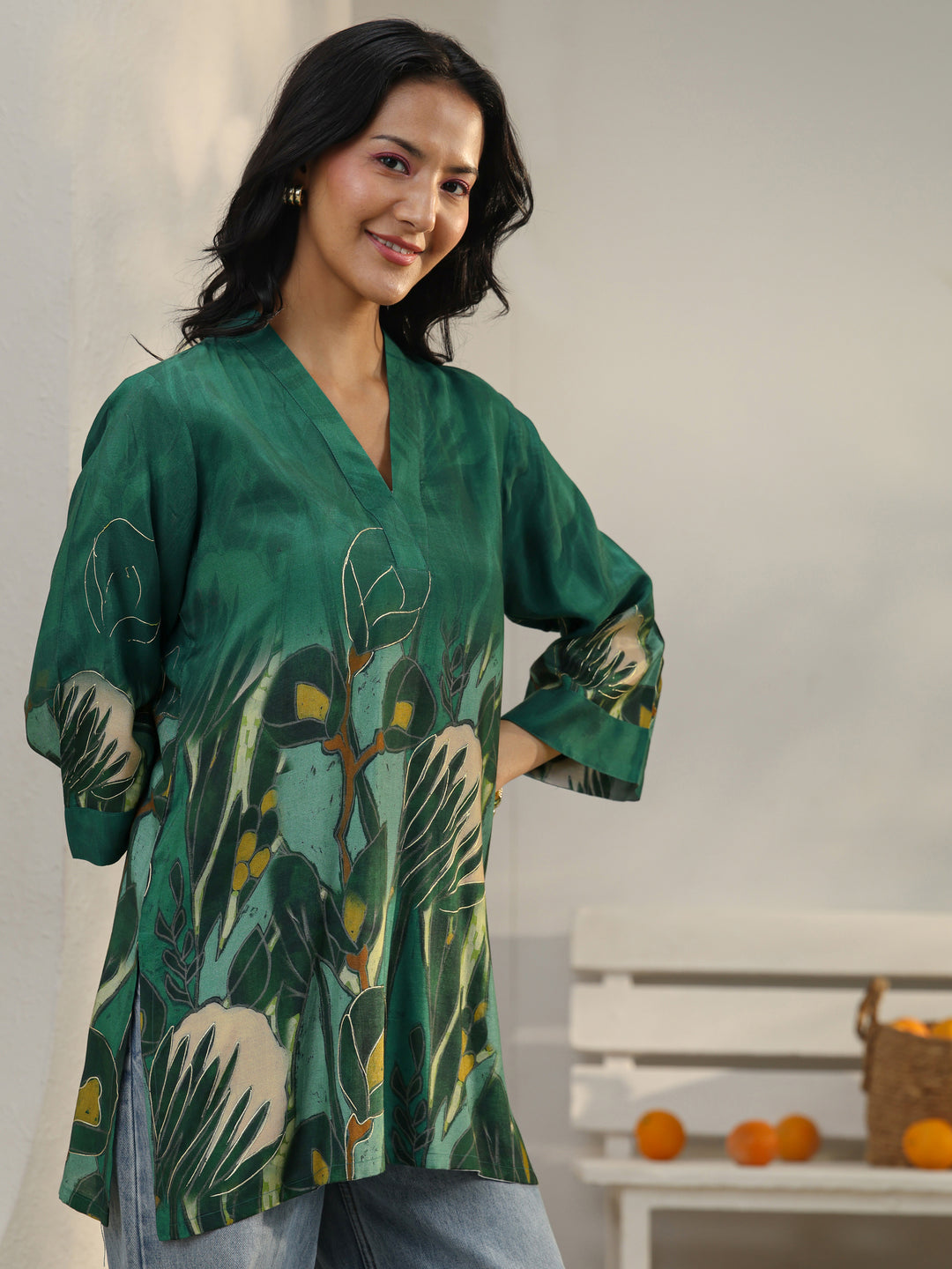  Green Abstract Printed Muslin Straight Short Kurti 