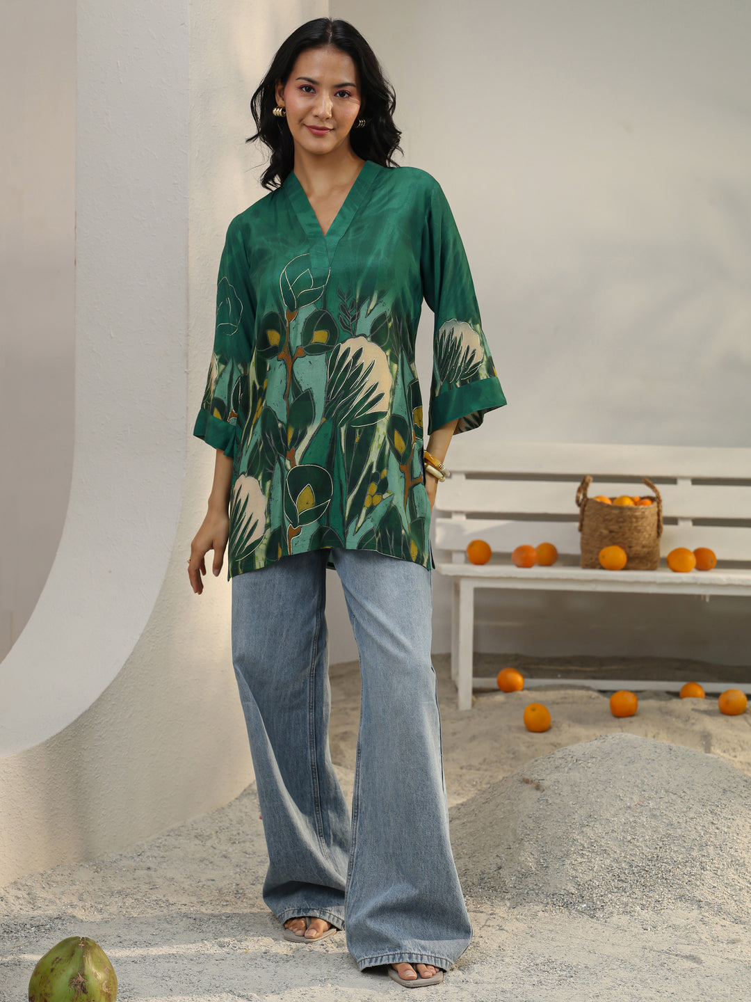  Green Abstract Printed Muslin Straight Short Kurti 