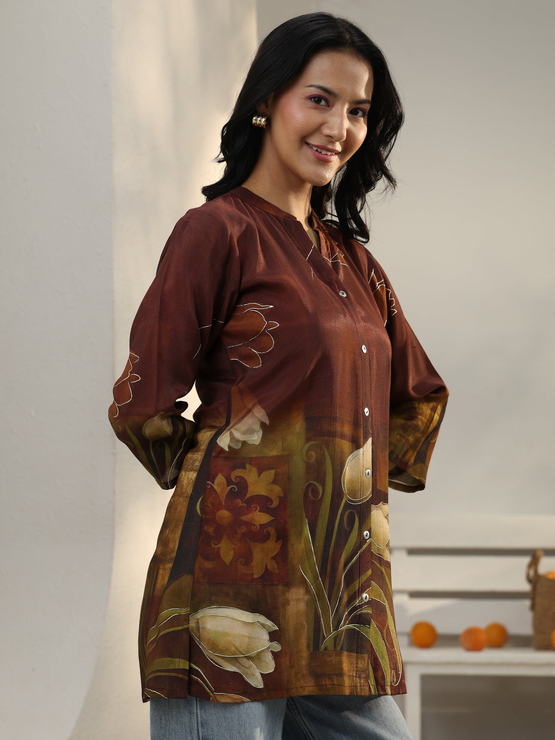  Brown Floral Printed Muslin Straight Short Kurti 