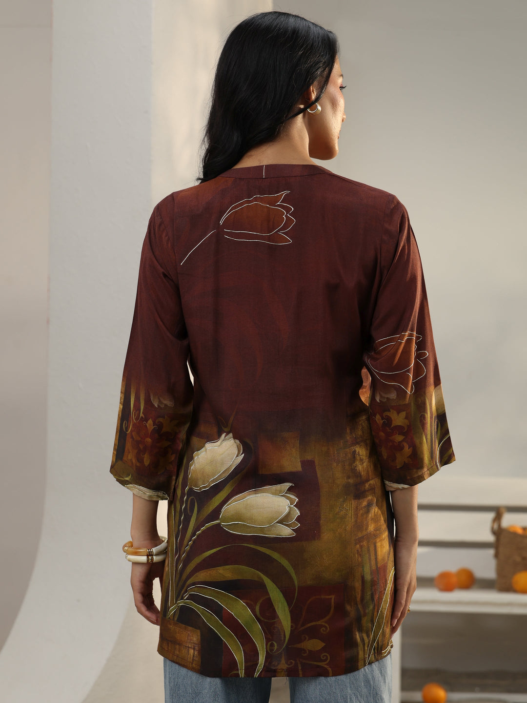  Brown Floral Printed Muslin Straight Short Kurti 