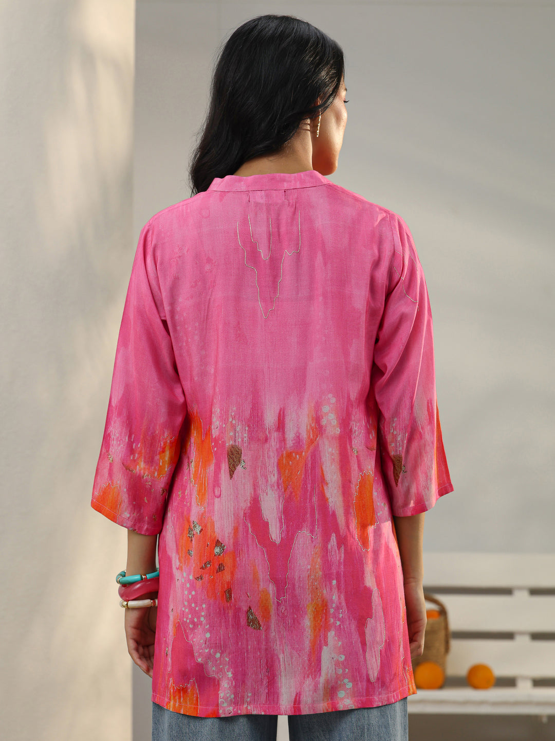  Pink Abstract Printed Muslin Straight Short Kurti 