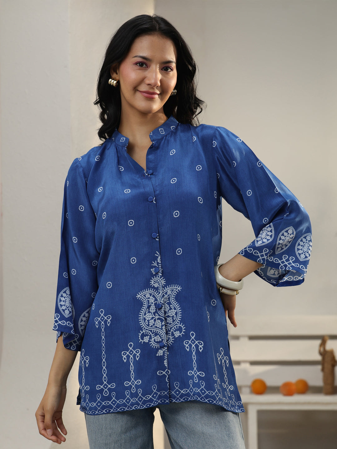  Blue Ethnic Printed Crepe Shirt 