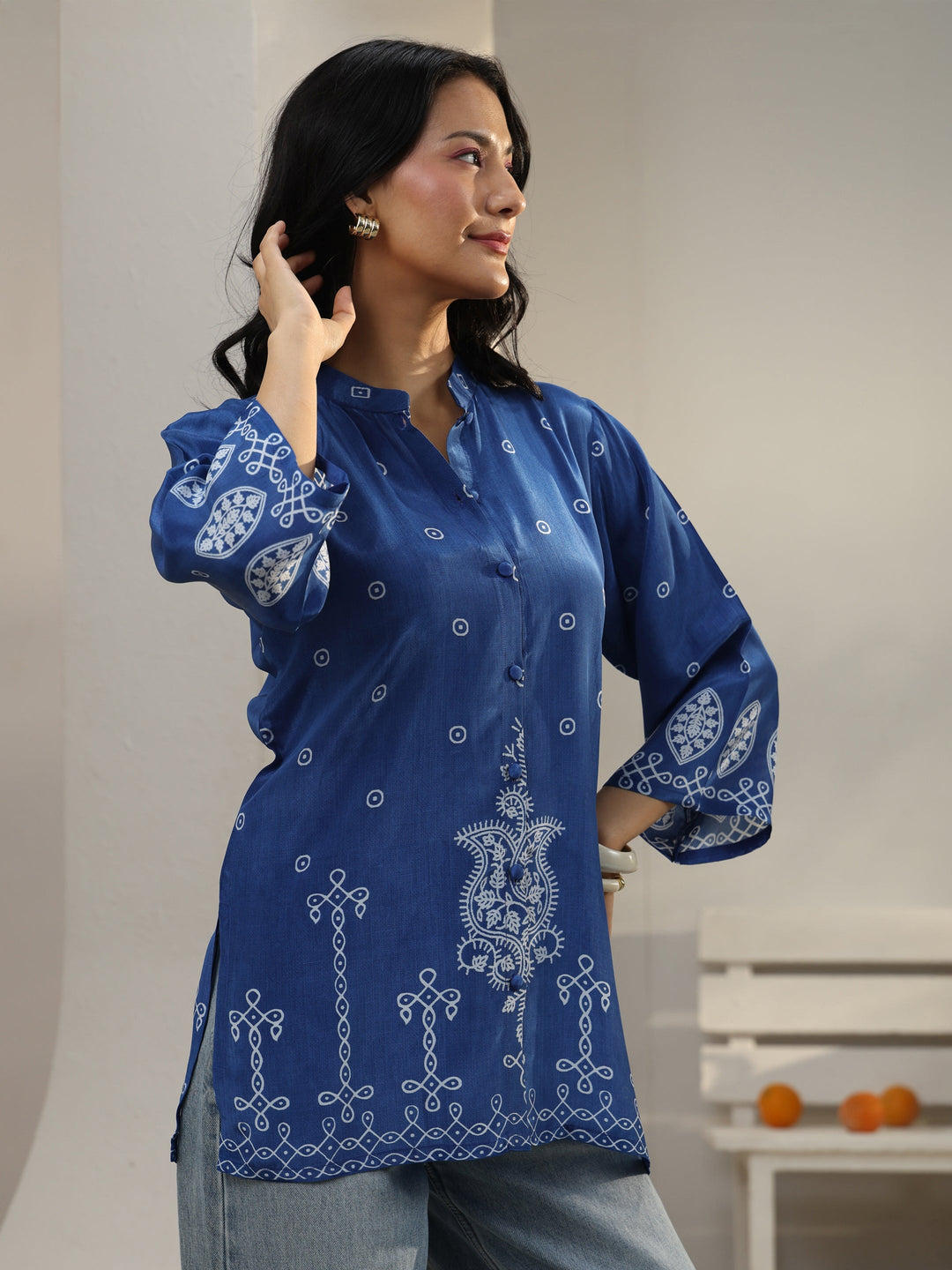  Blue Ethnic Printed Crepe Shirt 