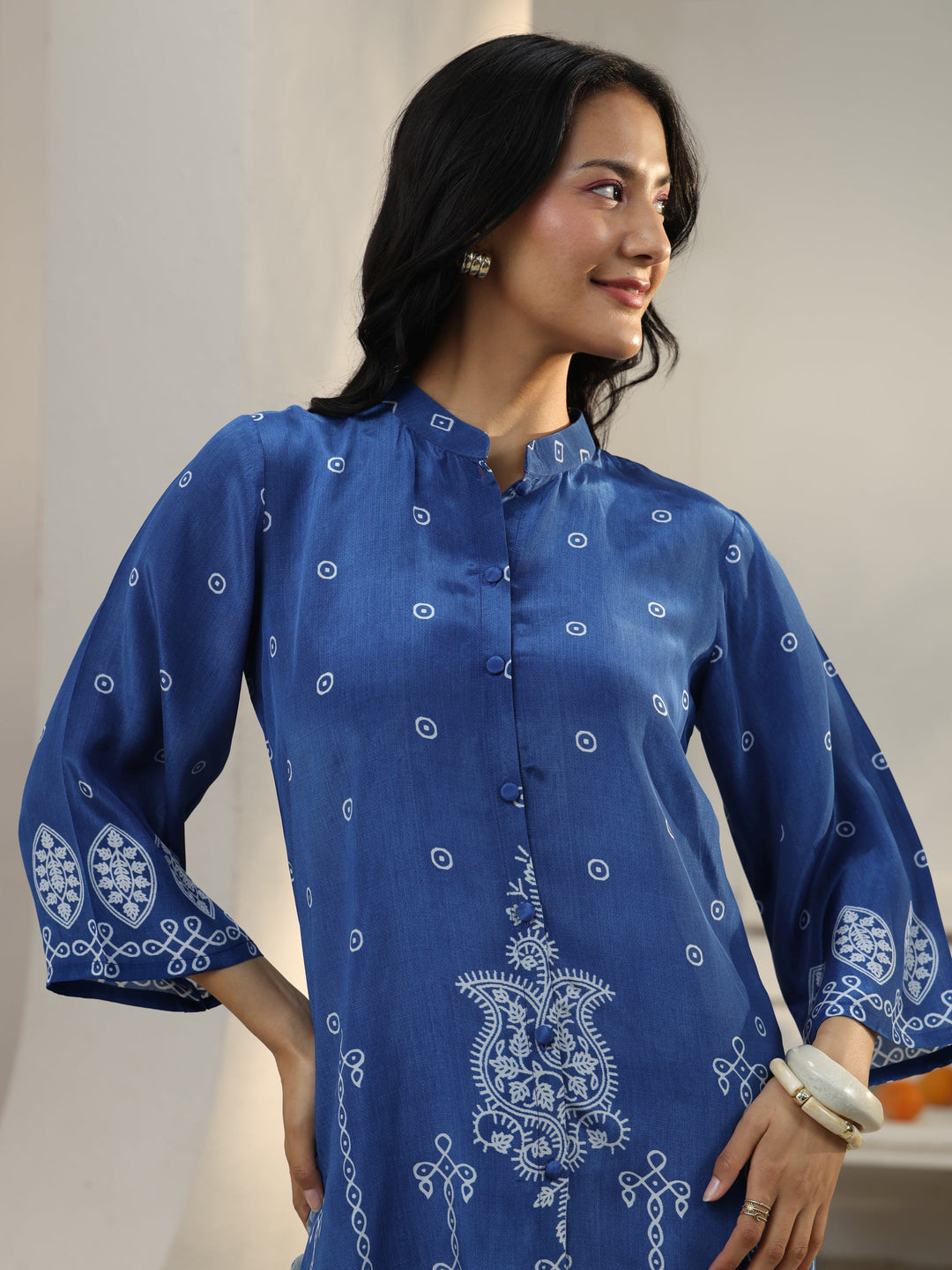  Blue Ethnic Printed Crepe Shirt 