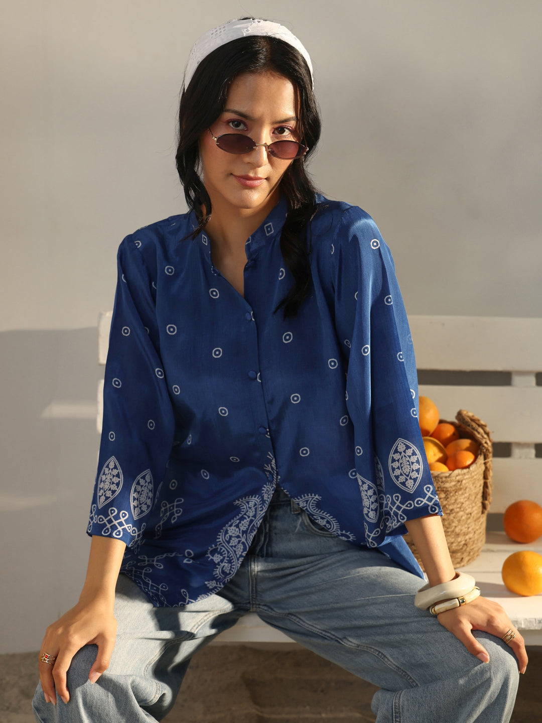 Blue Ethnic Printed Crepe Shirt 