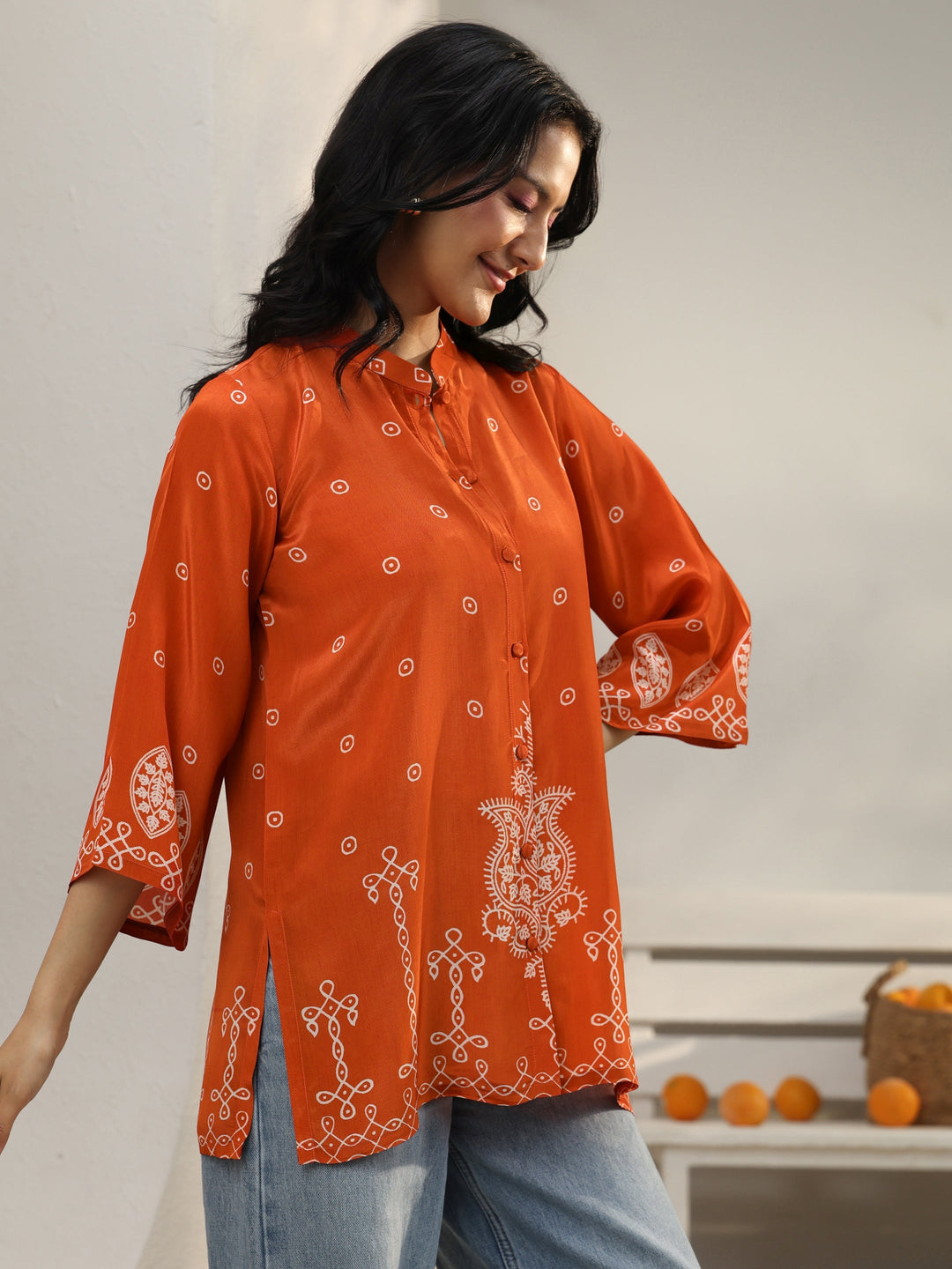 Orange Ethnic Printed Crepe Shirt 