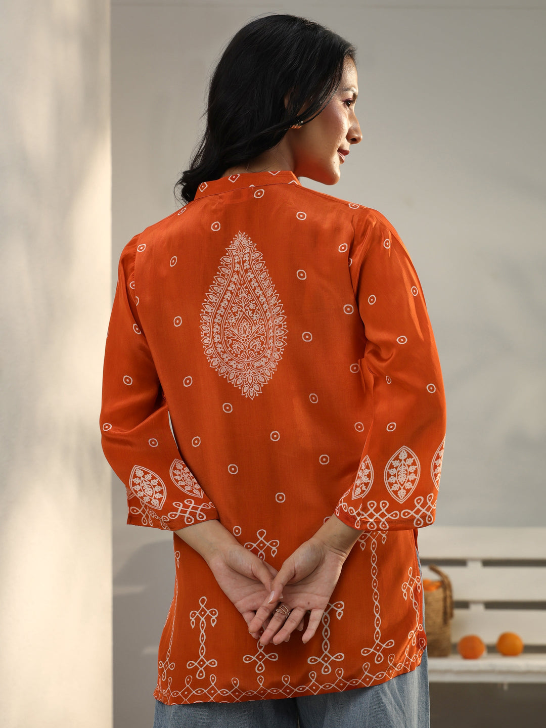  Orange Ethnic Printed Crepe Shirt 