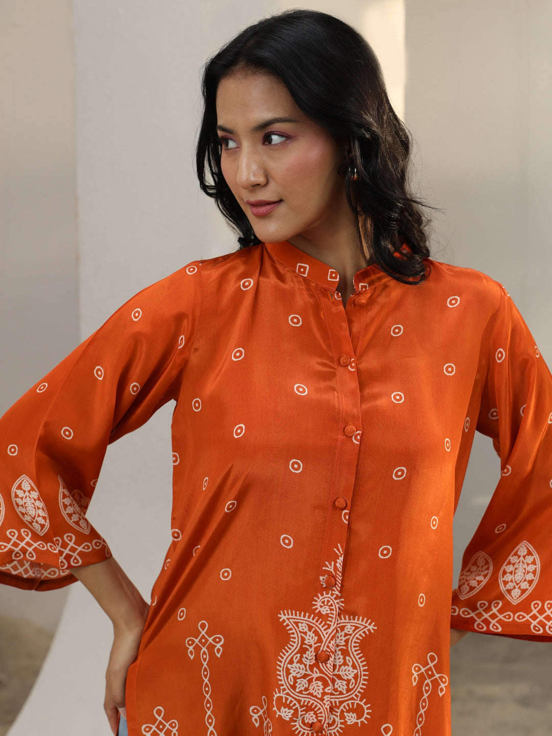  Orange Ethnic Printed Crepe Shirt 