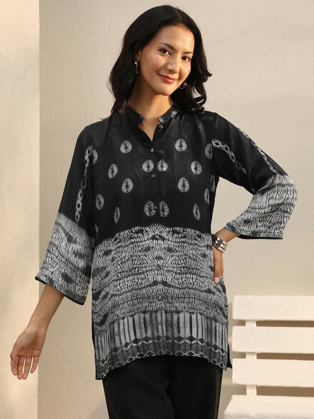  Black Abstract Printed Crepe Shirt 