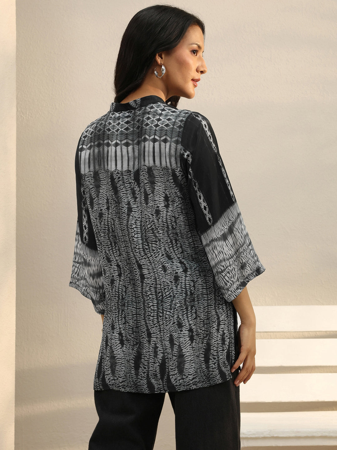  Black Abstract Printed Crepe Shirt 