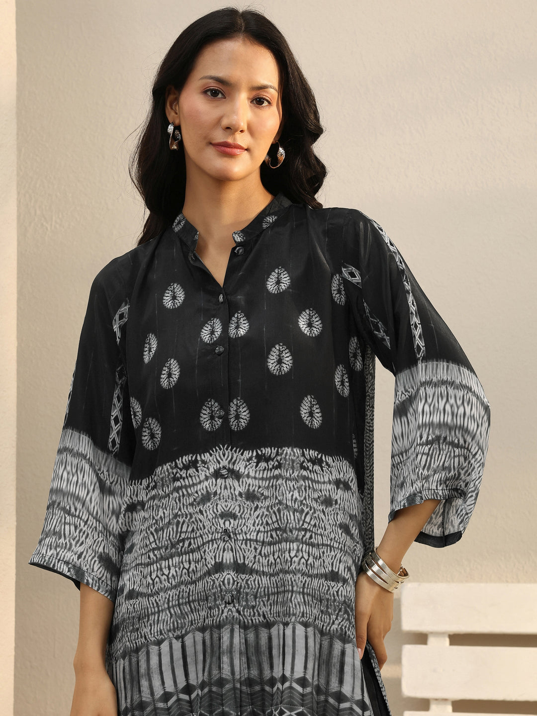  Black Abstract Printed Crepe Shirt 