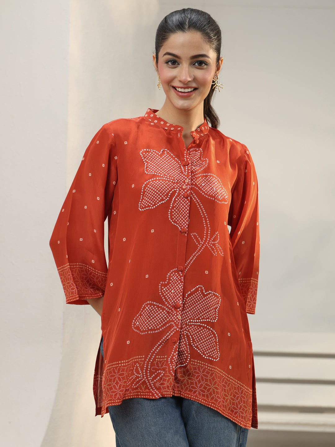  Orange Bandhani Printed Crepe Shirt 