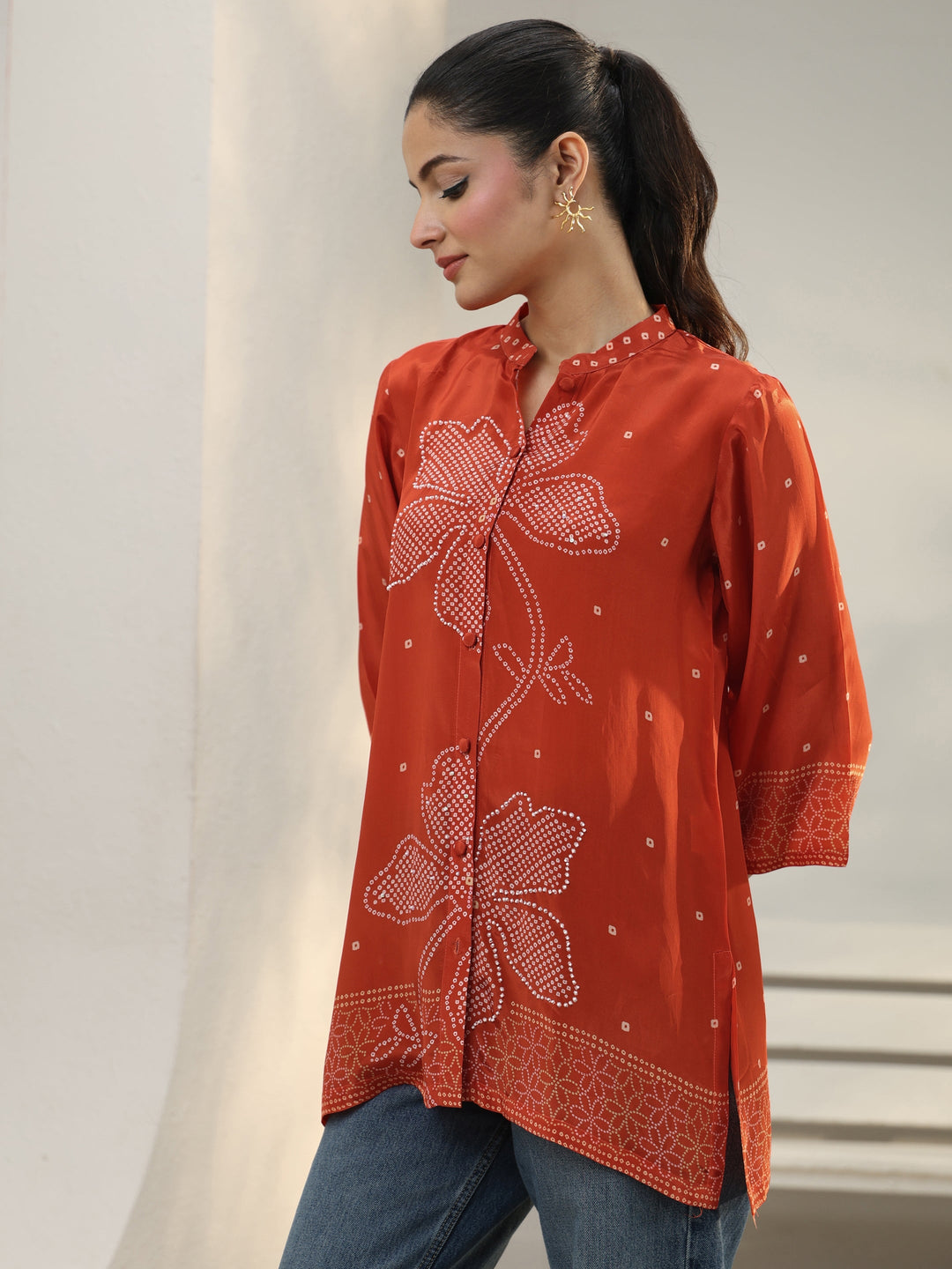  Orange Bandhani Printed Crepe Shirt 