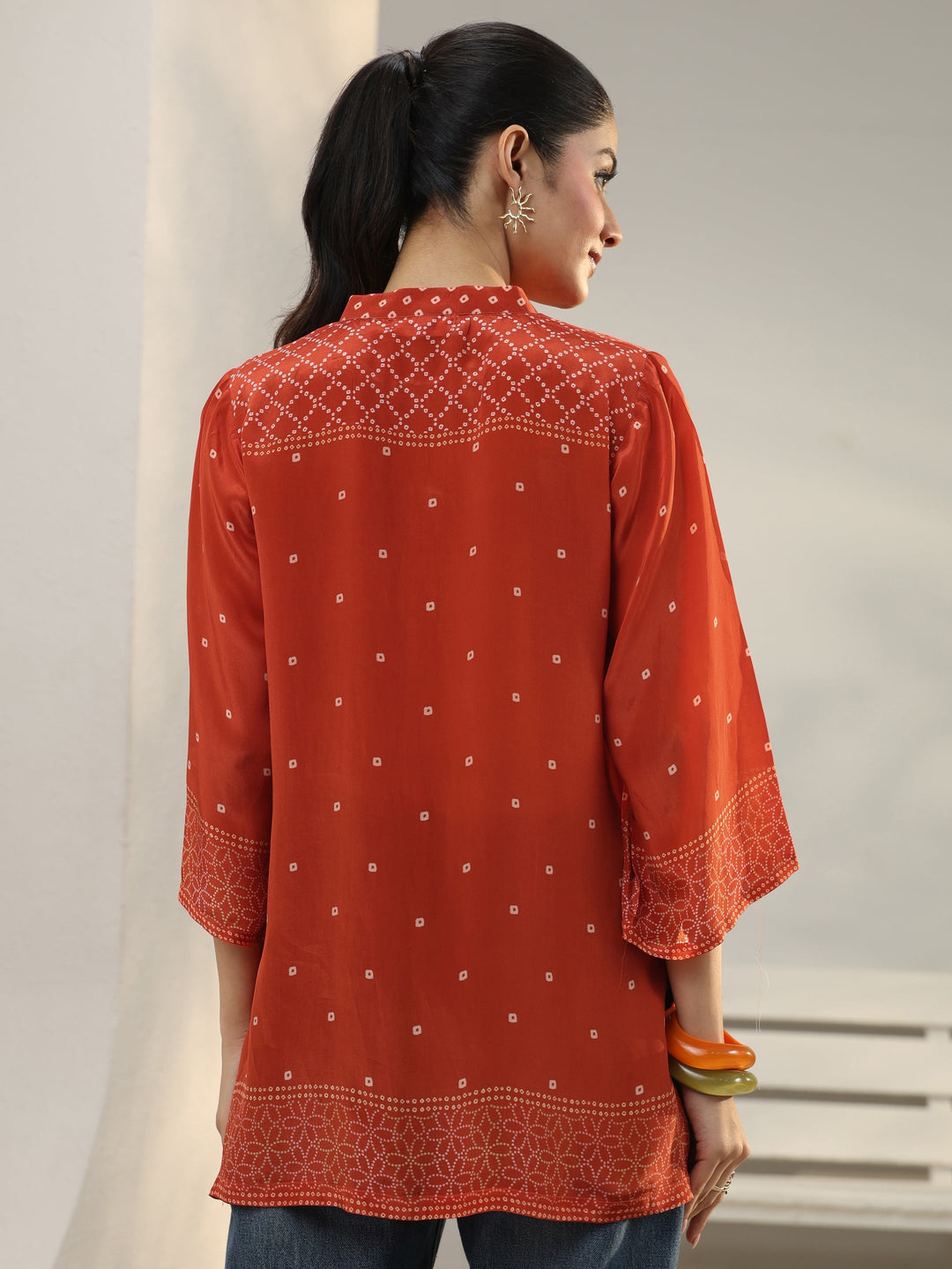  Orange Bandhani Printed Crepe Shirt 