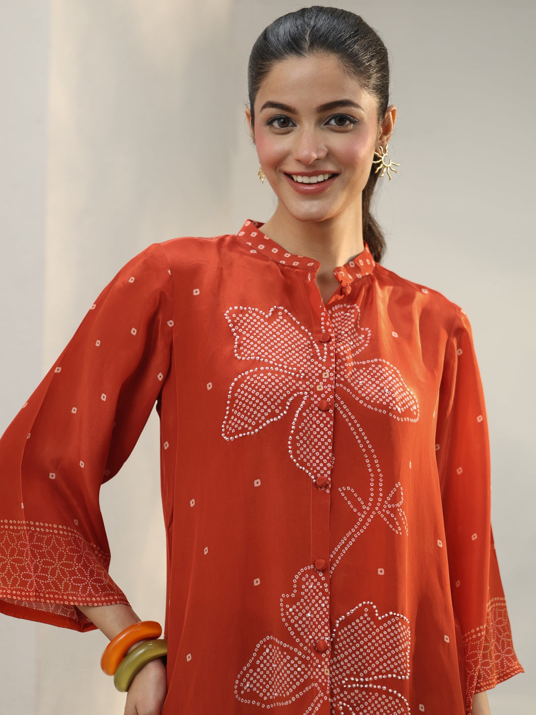  Orange Bandhani Printed Crepe Shirt 