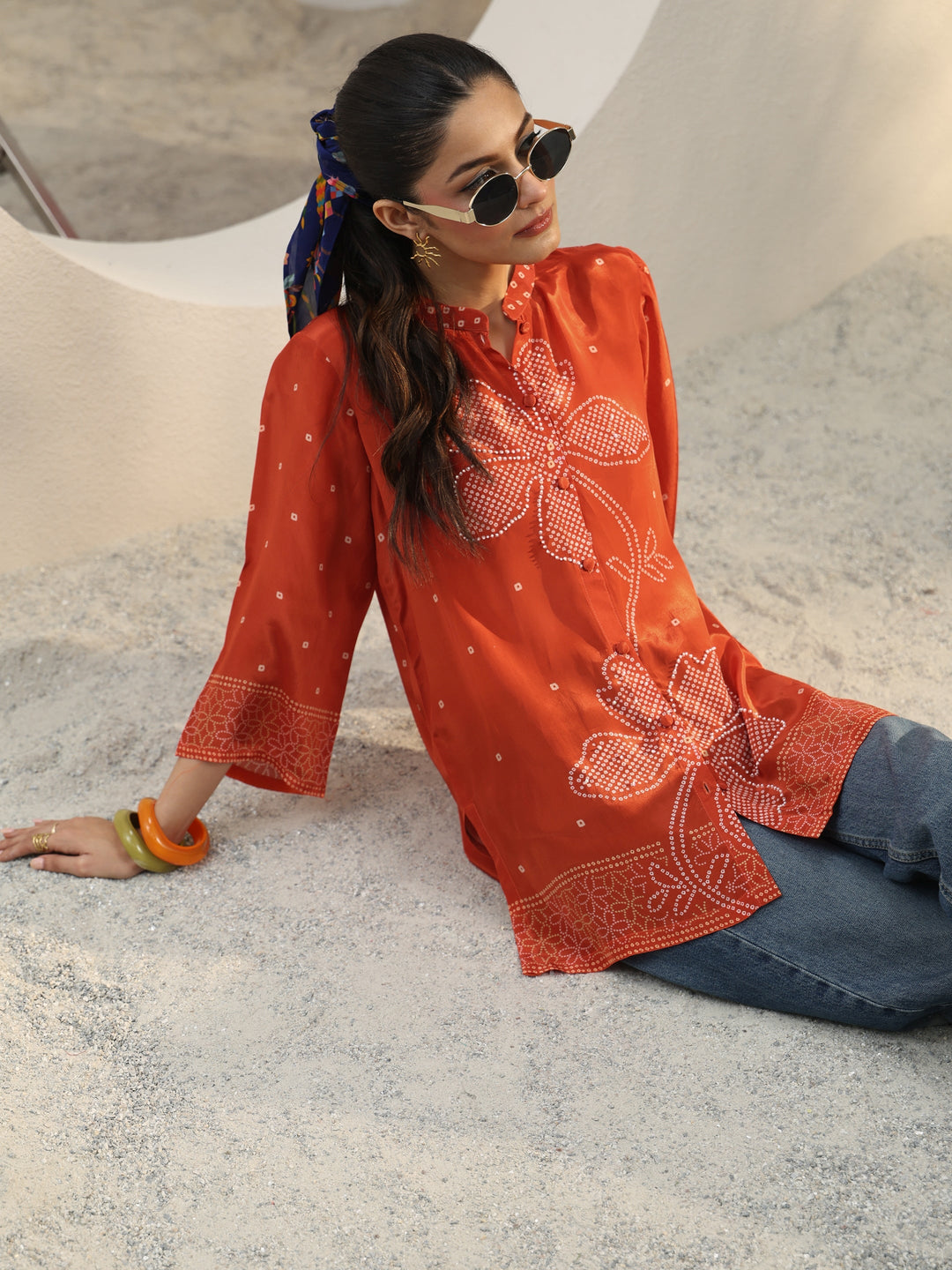  Orange Bandhani Printed Crepe Shirt 