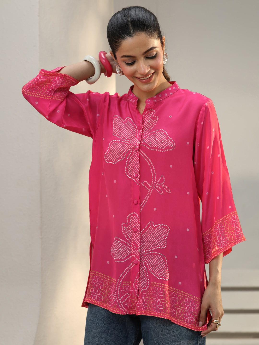  Pink Bandhani Printed Crepe Shirt 