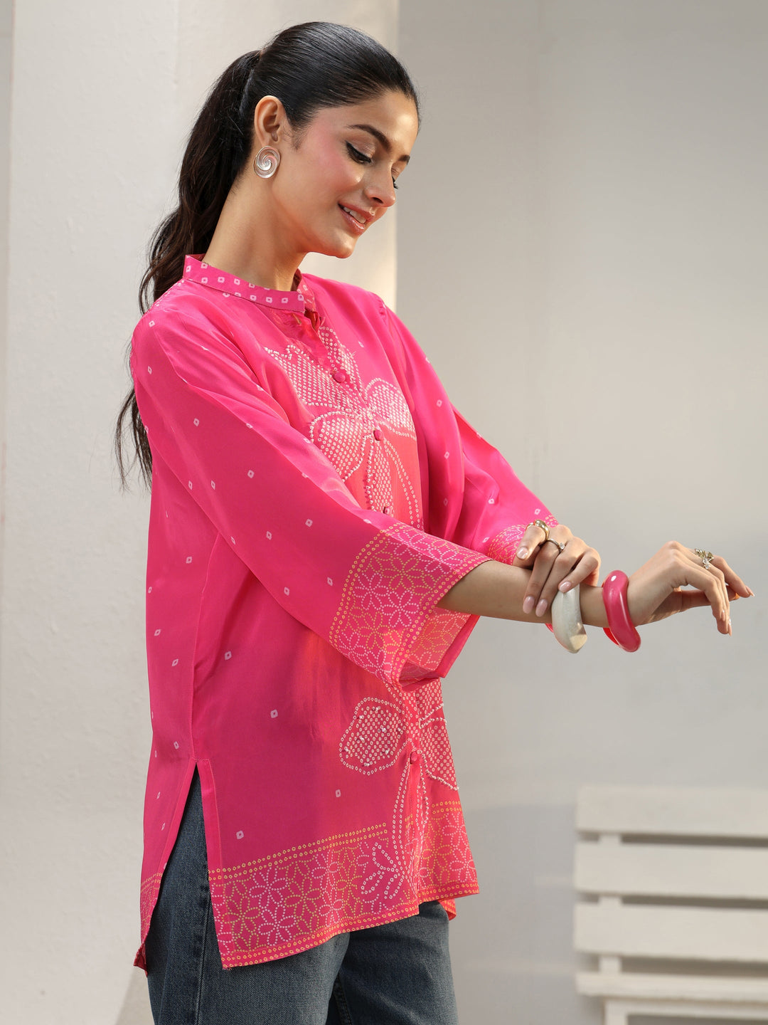  Pink Bandhani Printed Crepe Shirt 