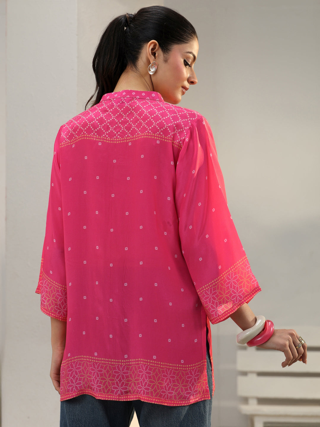  Pink Bandhani Printed Crepe Shirt 