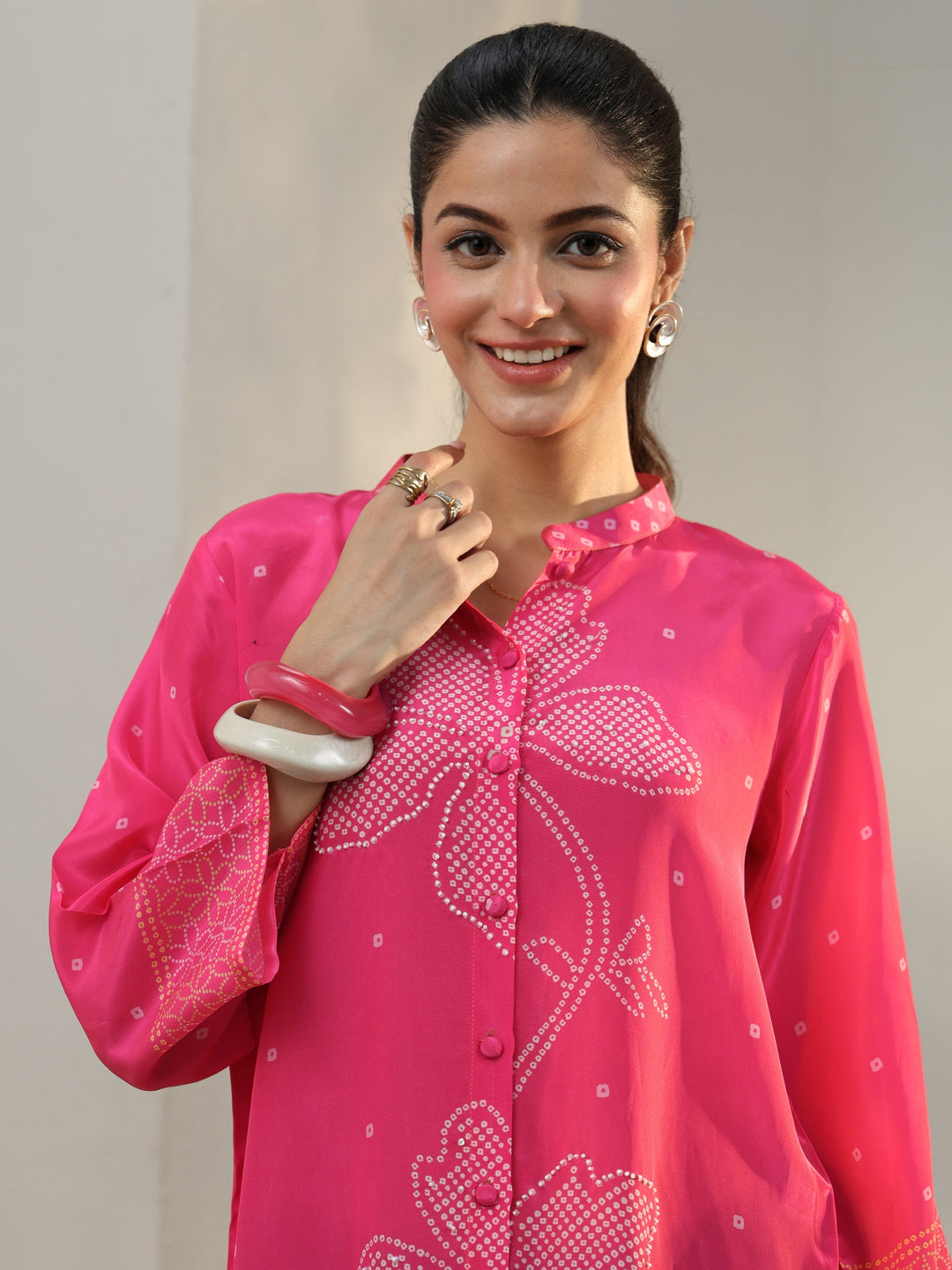  Pink Bandhani Printed Crepe Shirt 
