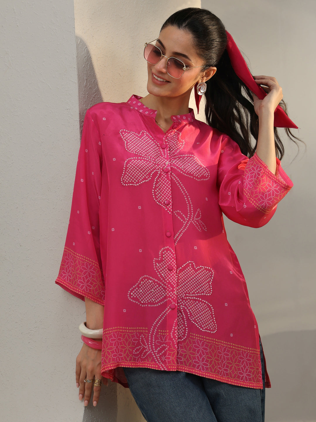  Pink Bandhani Printed Crepe Shirt 