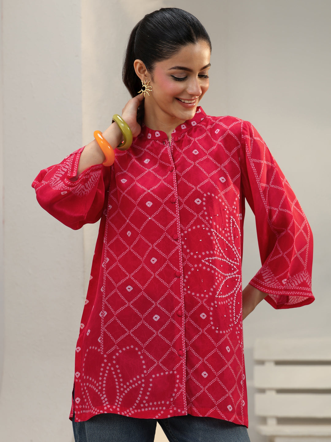  Pink Bandhani Printed Crepe Shirt 