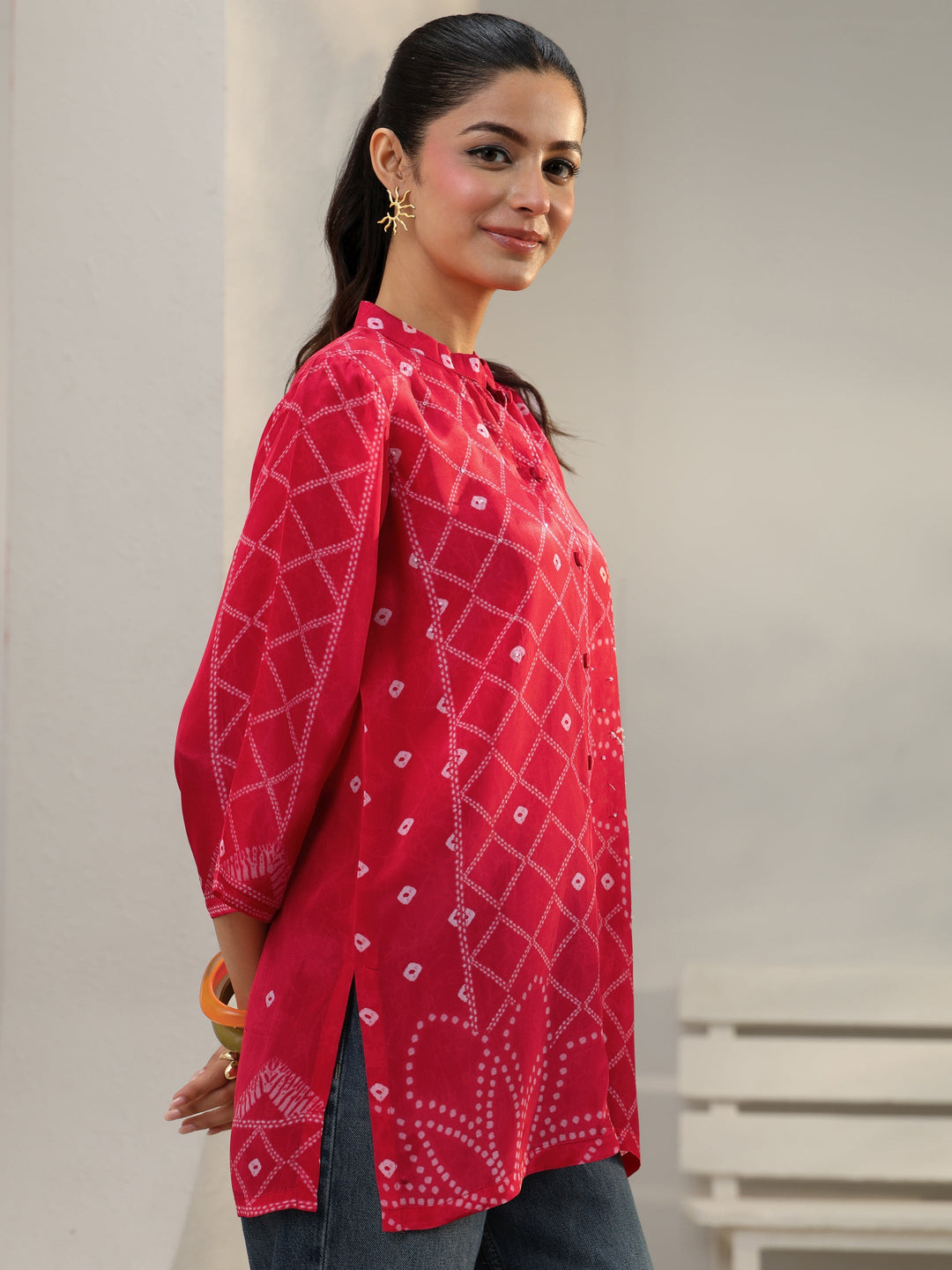  Pink Bandhani Printed Crepe Shirt 