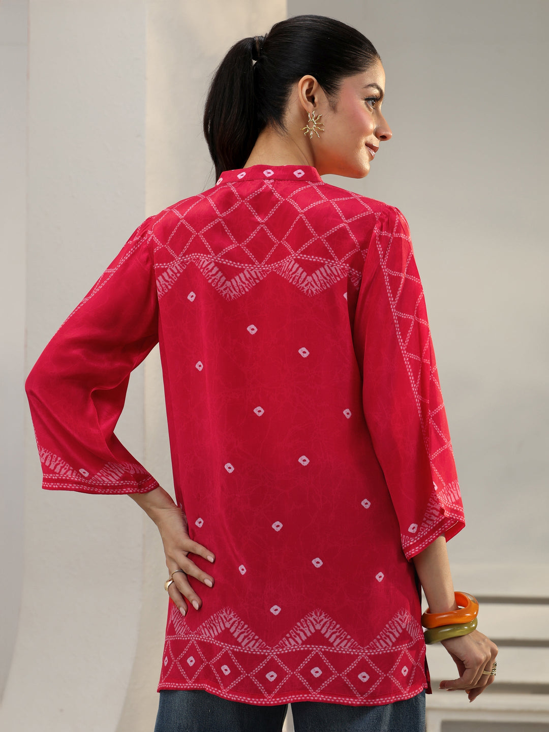  Pink Bandhani Printed Crepe Shirt 