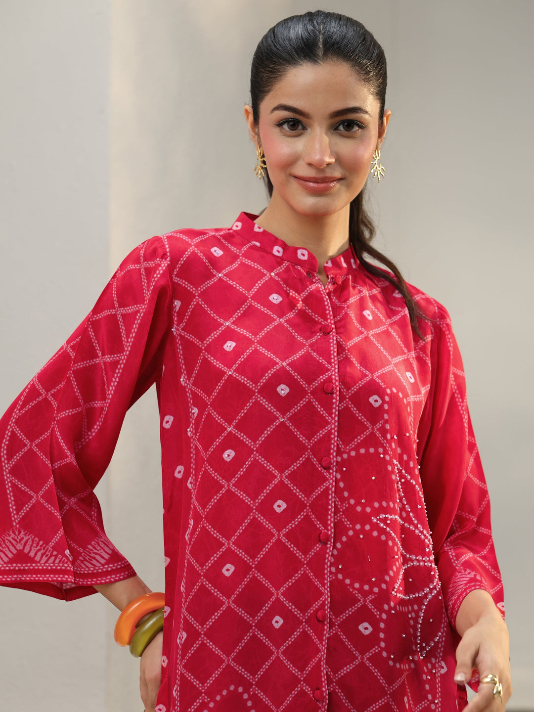  Pink Bandhani Printed Crepe Shirt 