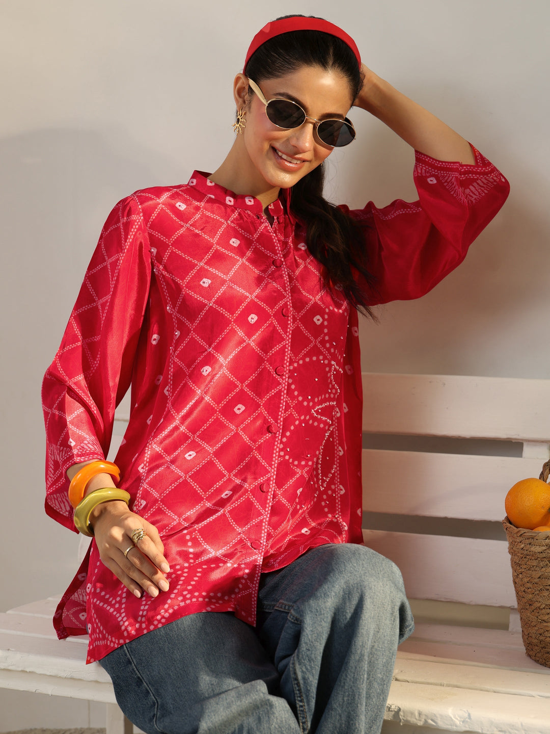  Pink Bandhani Printed Crepe Shirt 