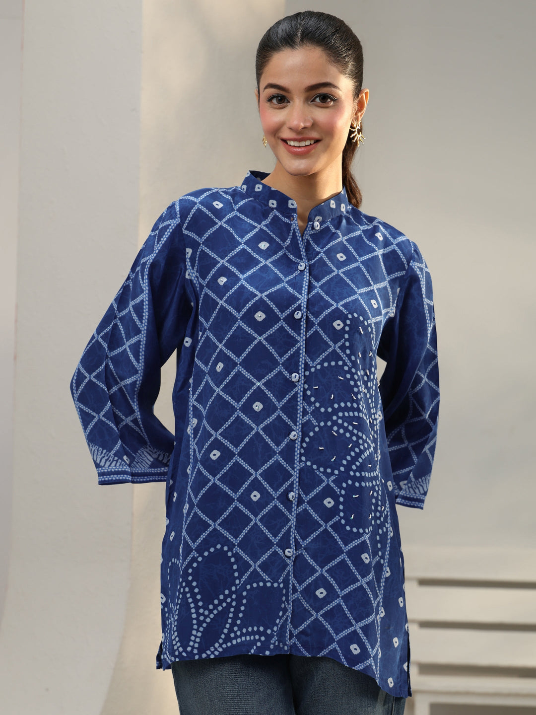  Blue Bandhani Printed Crepe Shirt 