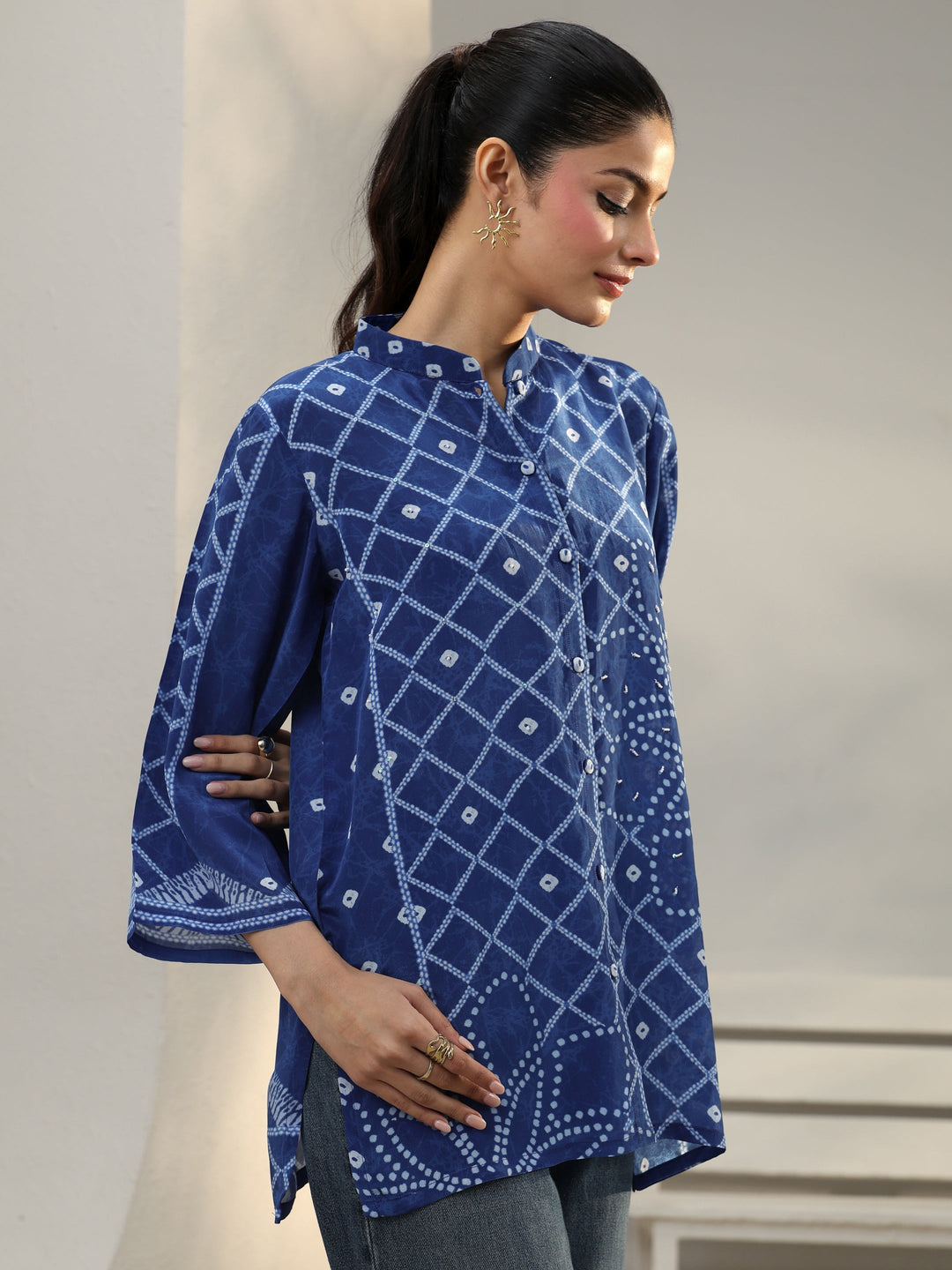  Blue Bandhani Printed Crepe Shirt 