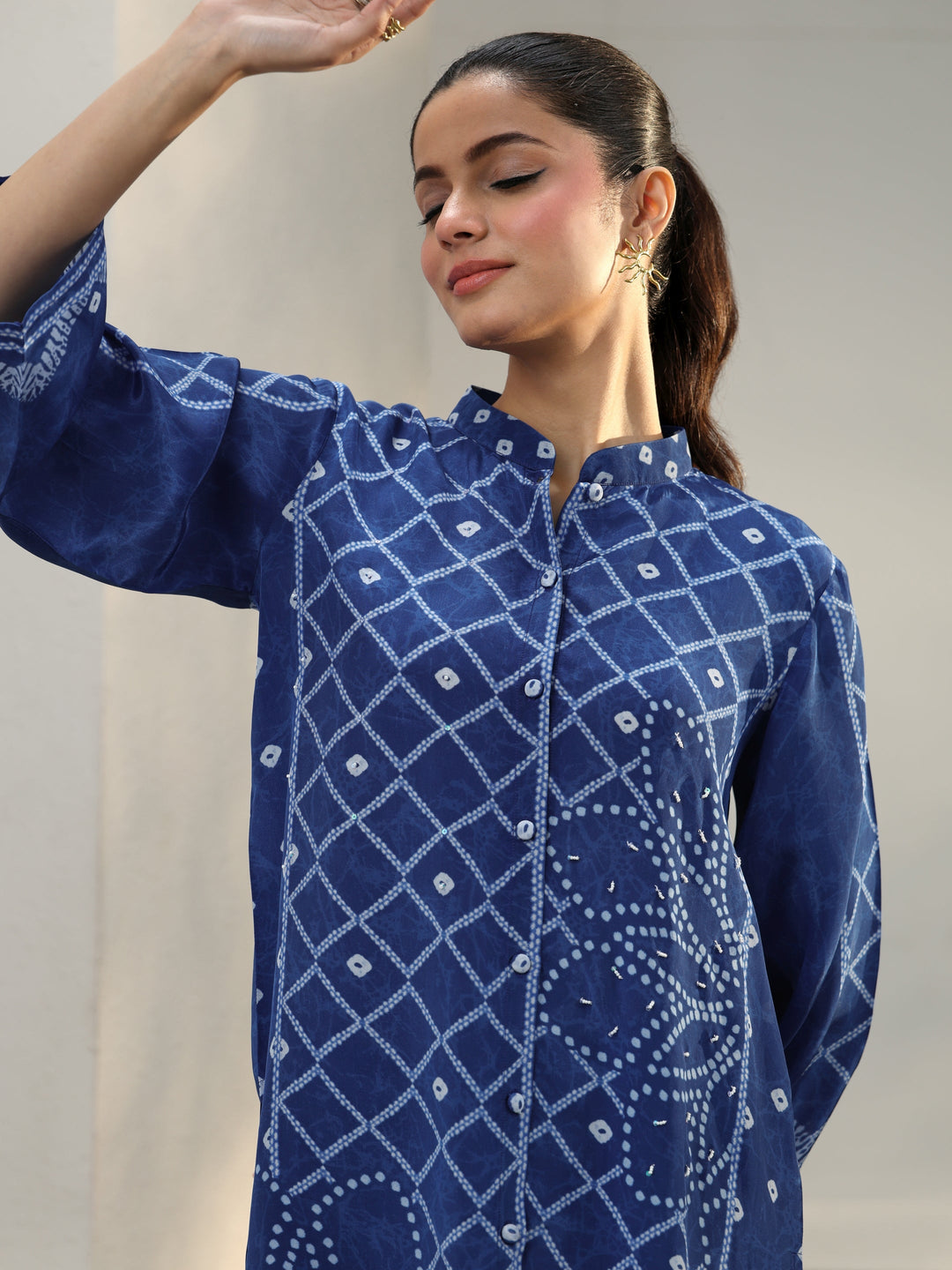  Blue Bandhani Printed Crepe Shirt 