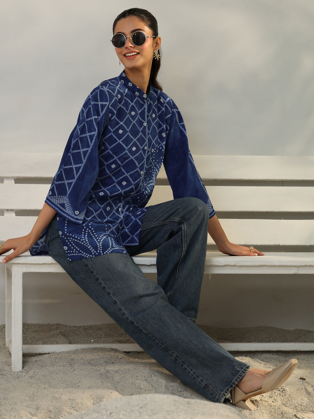  Blue Bandhani Printed Crepe Shirt 