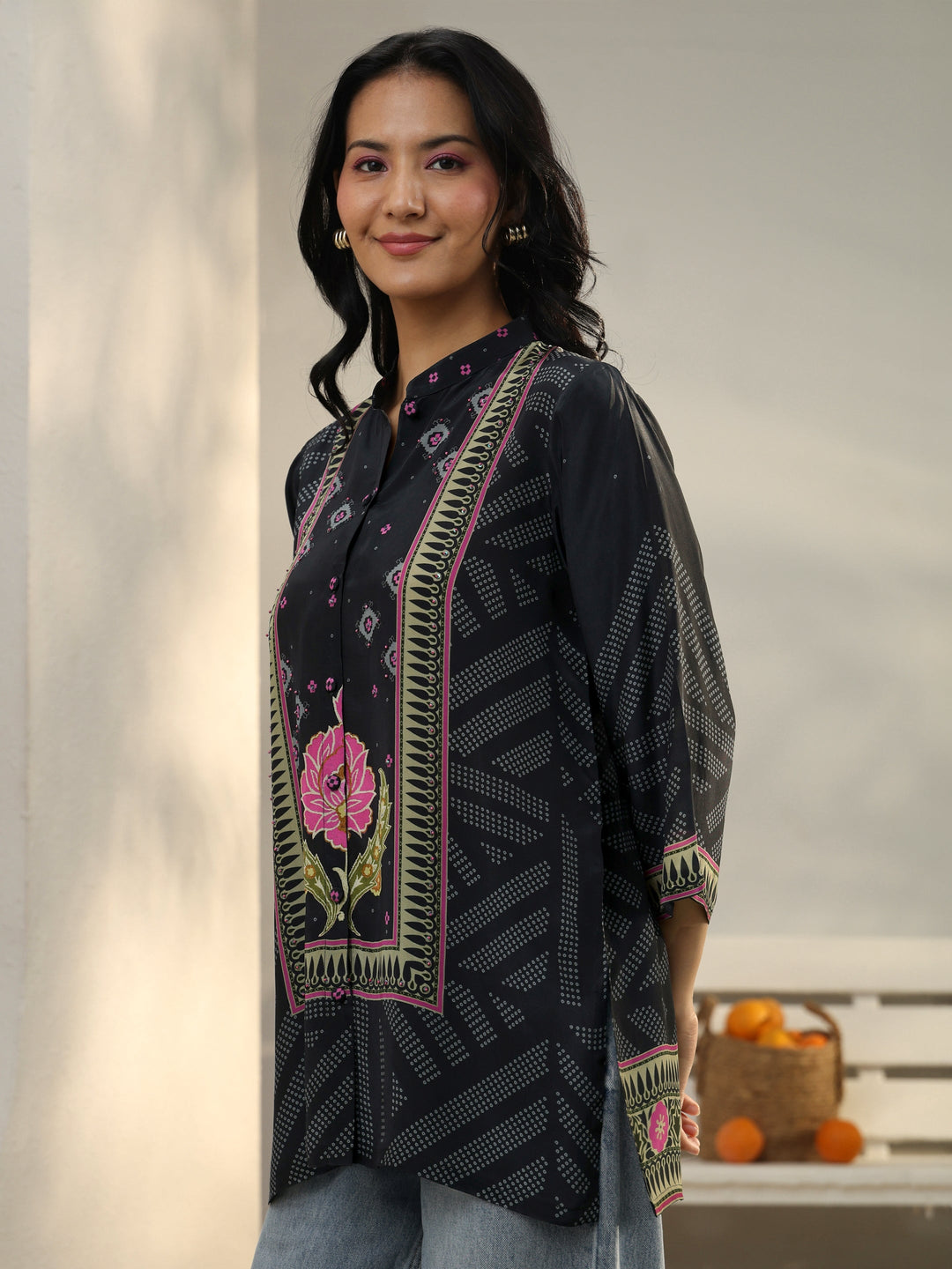  Black Bandhani Printed Crepe Shirt 