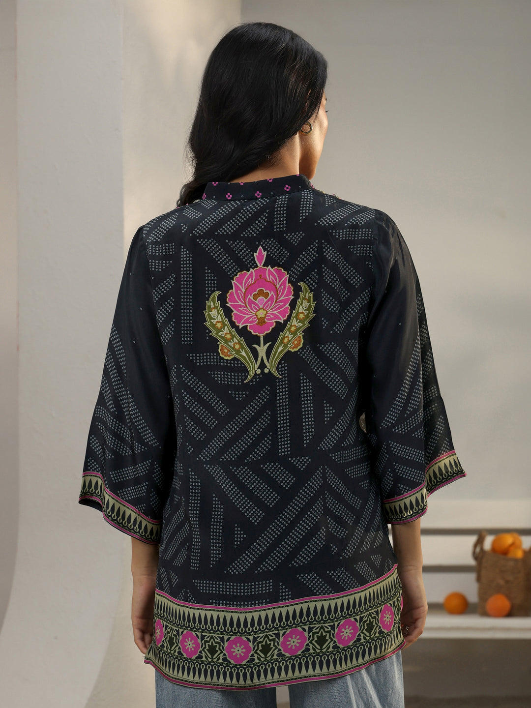  Black Bandhani Printed Crepe Shirt 